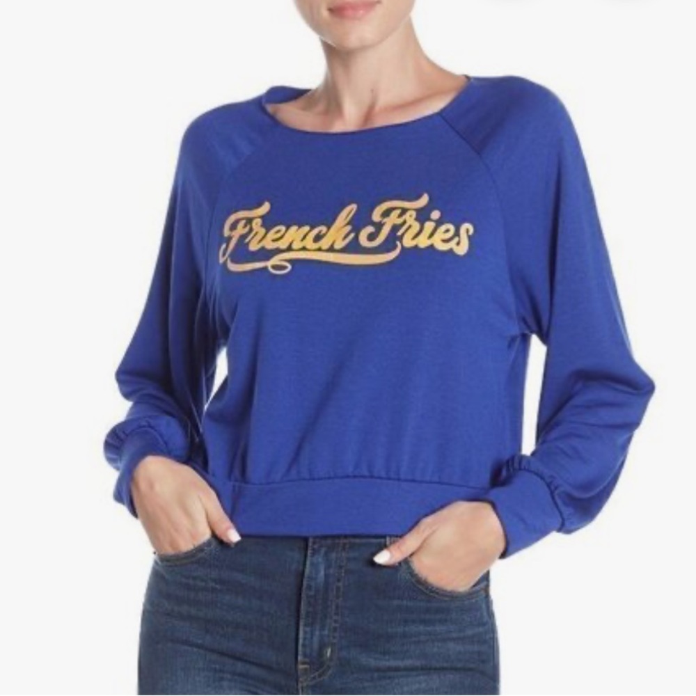 Hiatus Graphic French Fries Logo Long Sleeve Cropped Blue Shirt Size XS